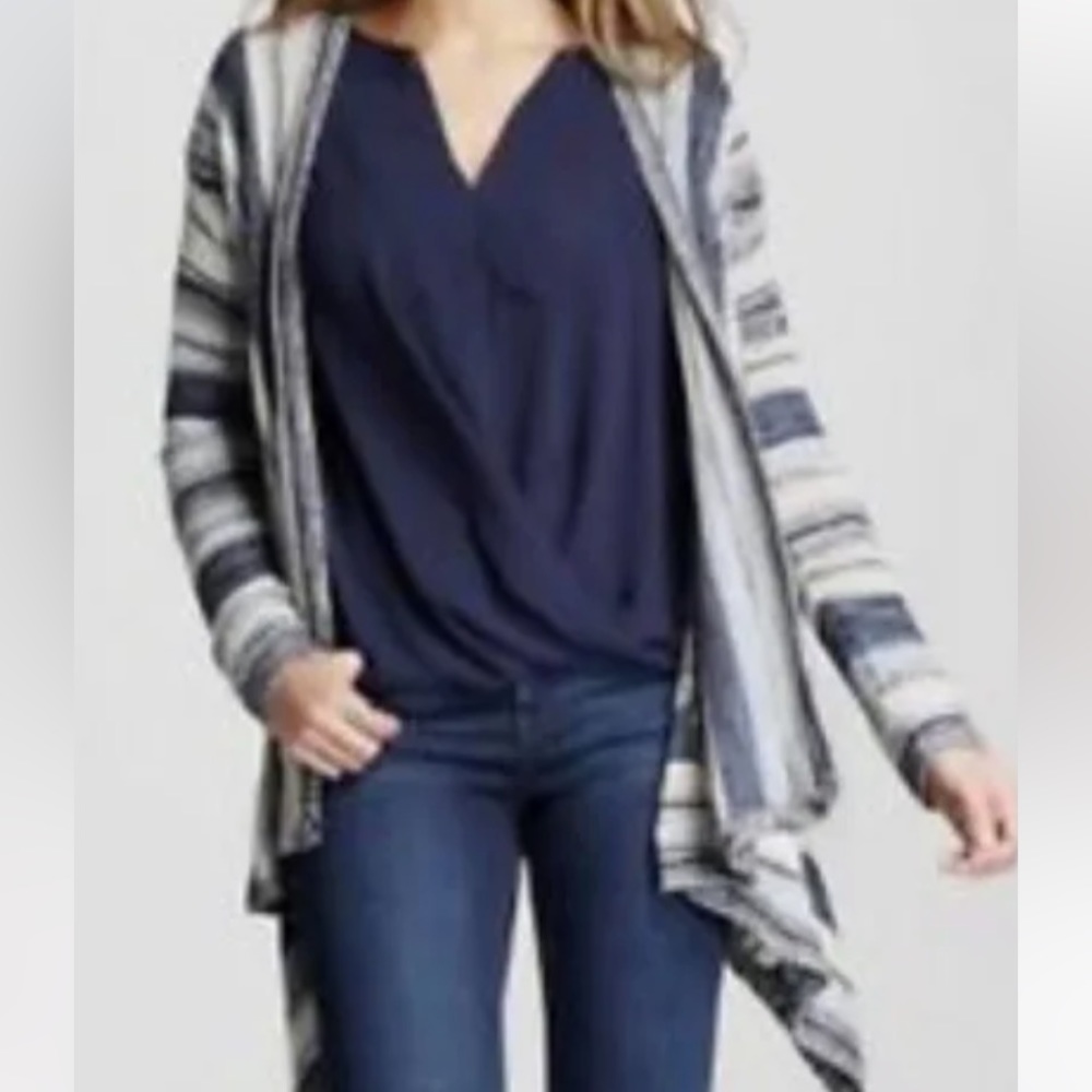 Knox Rose Blue Gray Striped Open Front Long Line Cardigan Sz L